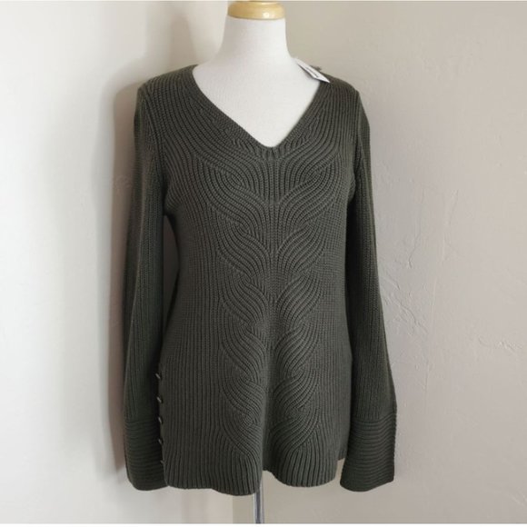 Sonoma Sweaters - NWT Sonoma cable knit sweater Size M dark army green nautical anchor buttons